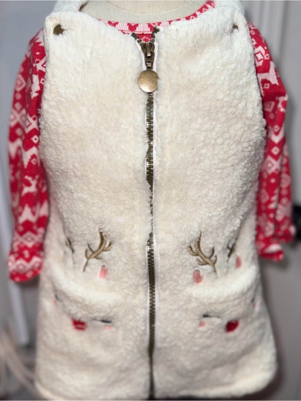 Little Lass Cream Sherpa Vest with Embroidered Reindeer